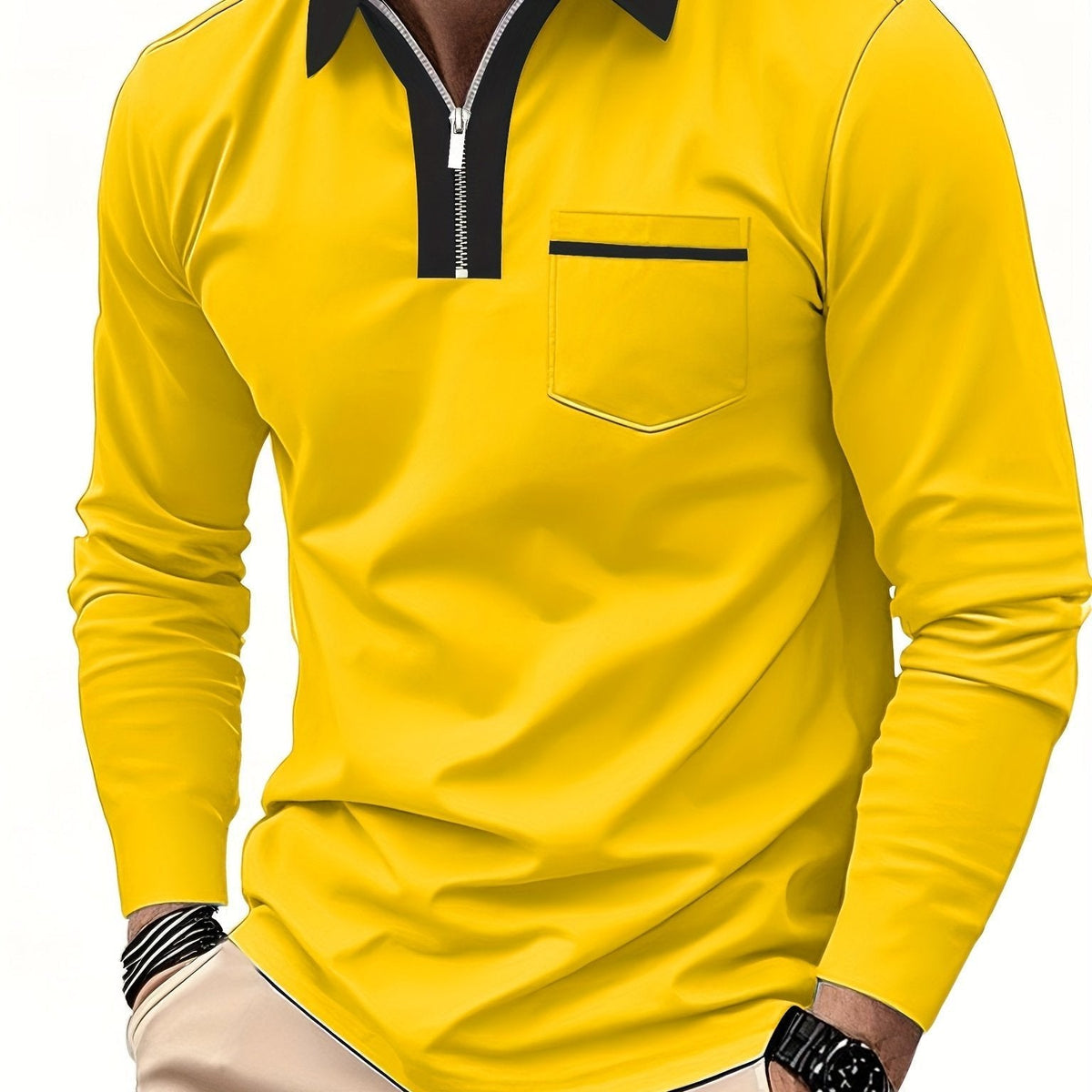 Men's Long Sleeve Zip Polo Shirt with Chest Pocket