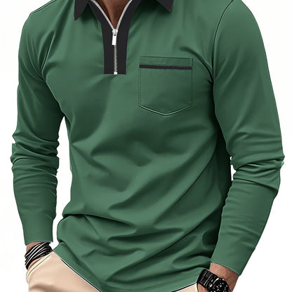 Men's Long Sleeve Zip Polo Shirt with Chest Pocket