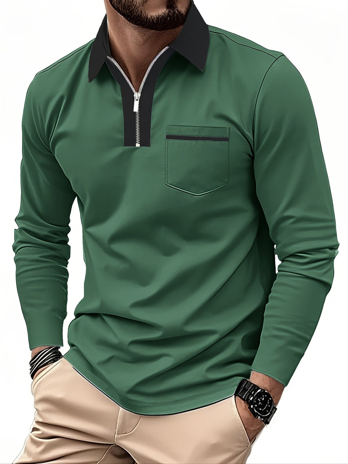 Men's Long Sleeve Zip Polo Shirt with Chest Pocket