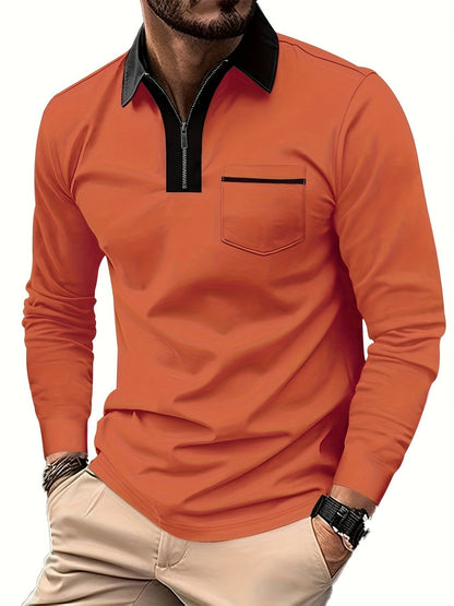 Men's Long Sleeve Zip Polo Shirt with Chest Pocket