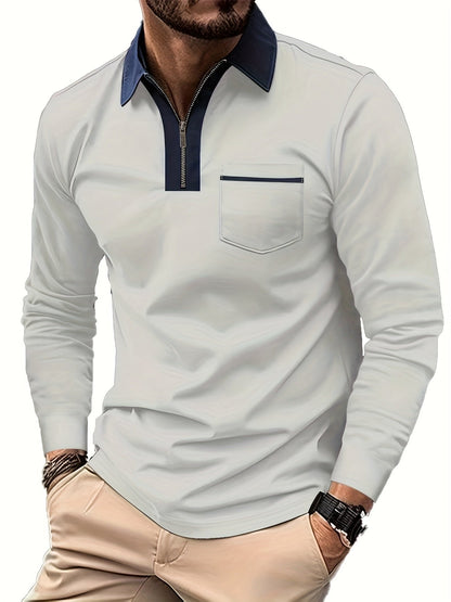 Men's Long Sleeve Zip Polo Shirt with Chest Pocket