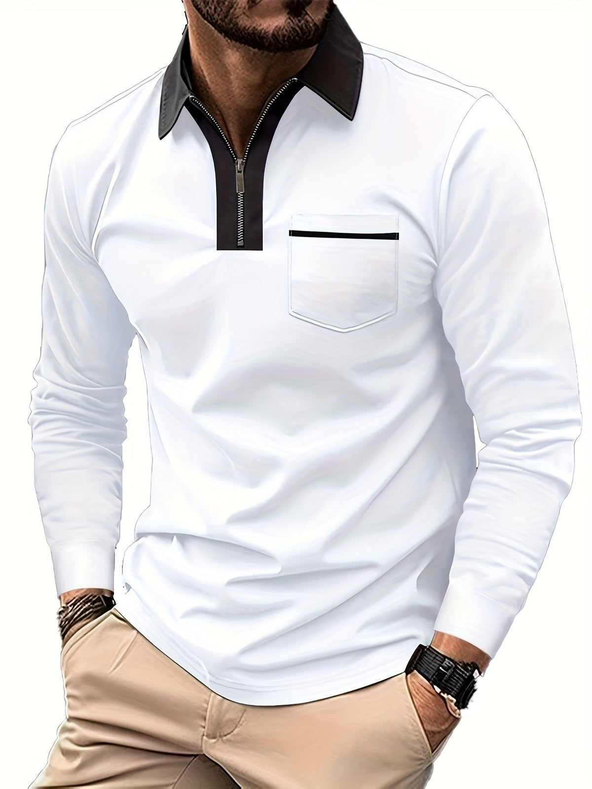 Men's Long Sleeve Zip Polo Shirt with Chest Pocket