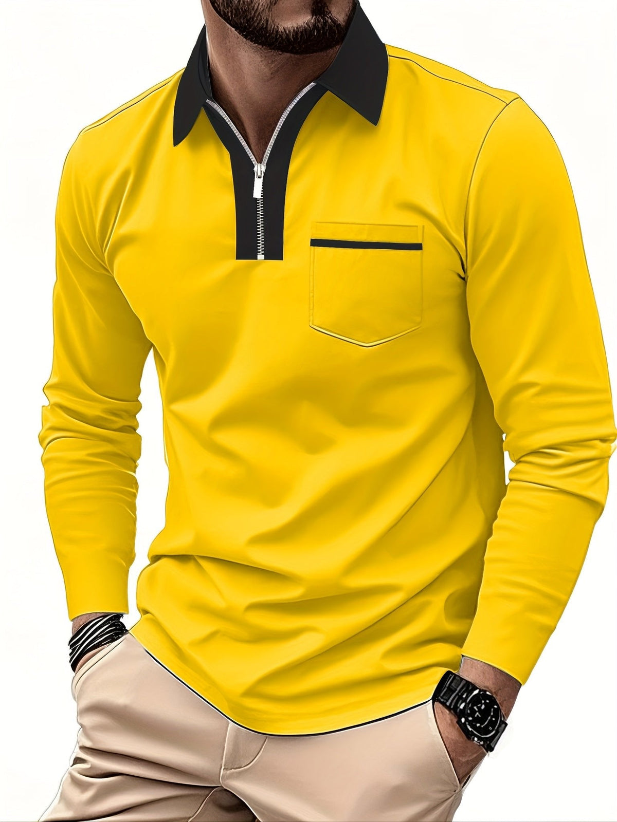 Men's Long Sleeve Zip Polo Shirt with Chest Pocket