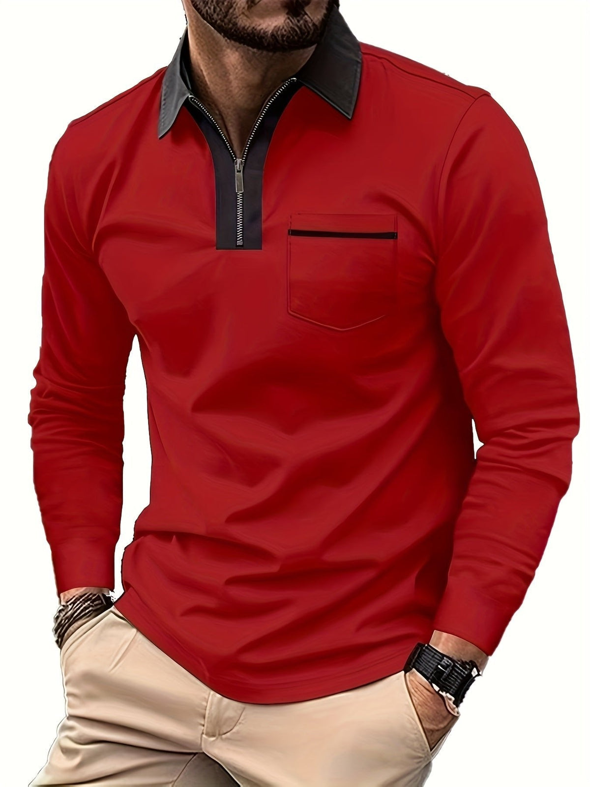 Men's Long Sleeve Zip Polo Shirt with Chest Pocket