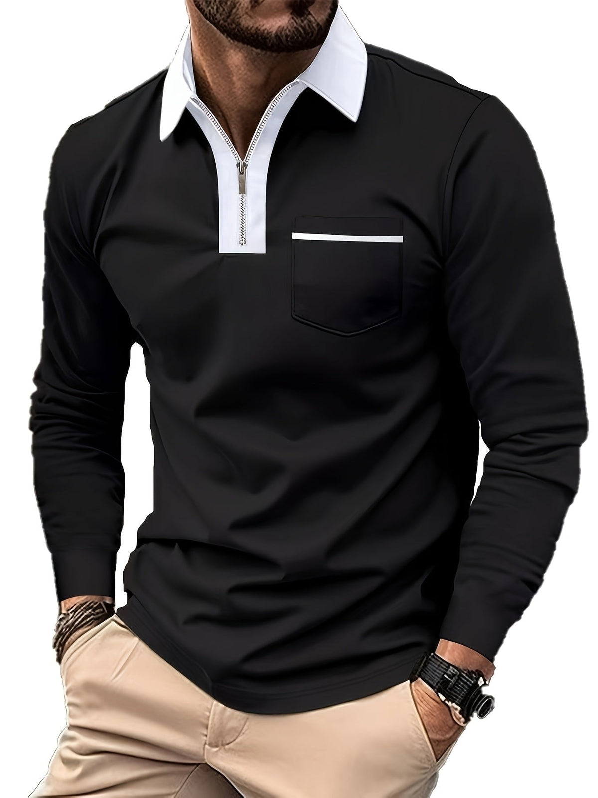 Men's Long Sleeve Zip Polo Shirt with Chest Pocket