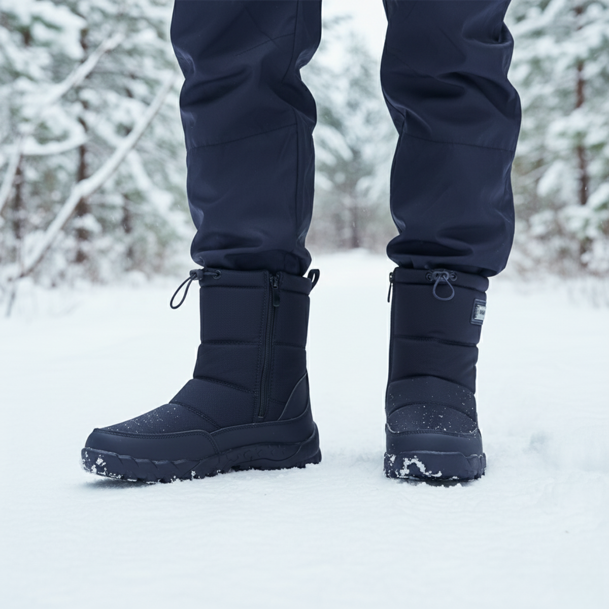 Men's Mid-Calf Snow Boots with Side Zip and Drawstring Collar