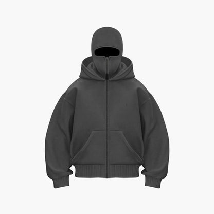 Men's Oversized Zip-Up Hoodie with Built-In Balaclava Mask