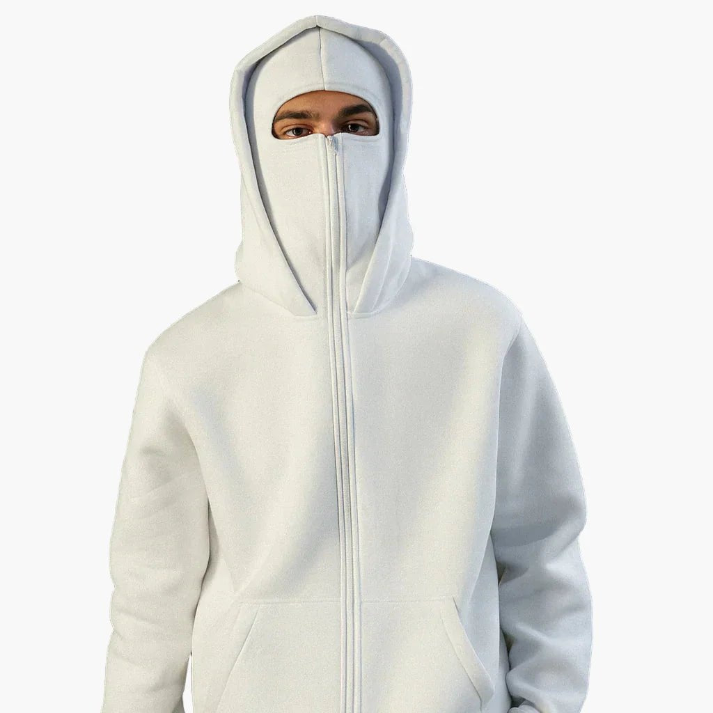 Men's Oversized Zip-Up Hoodie with Built-In Balaclava Mask