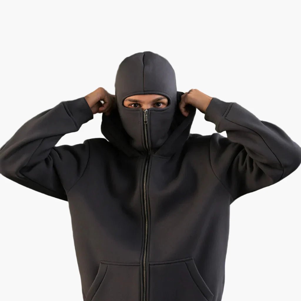 Men's Oversized Zip-Up Hoodie with Built-In Balaclava Mask