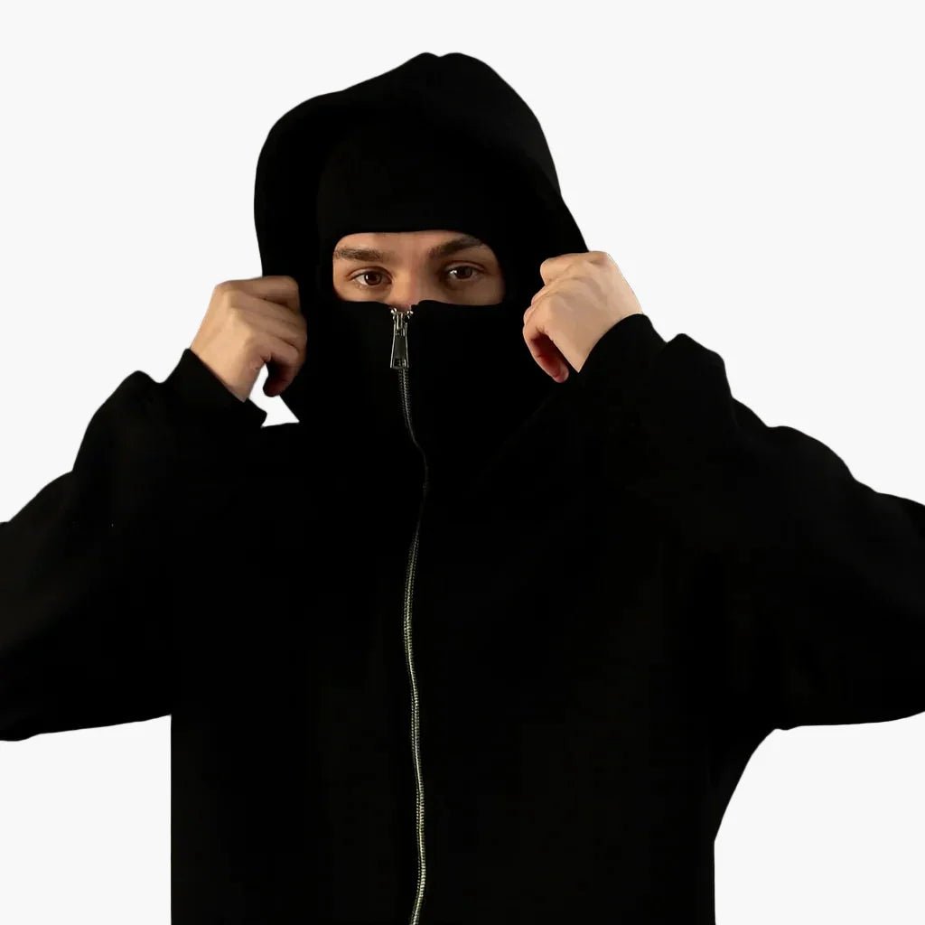 Men's Oversized Zip-Up Hoodie with Built-In Balaclava Mask