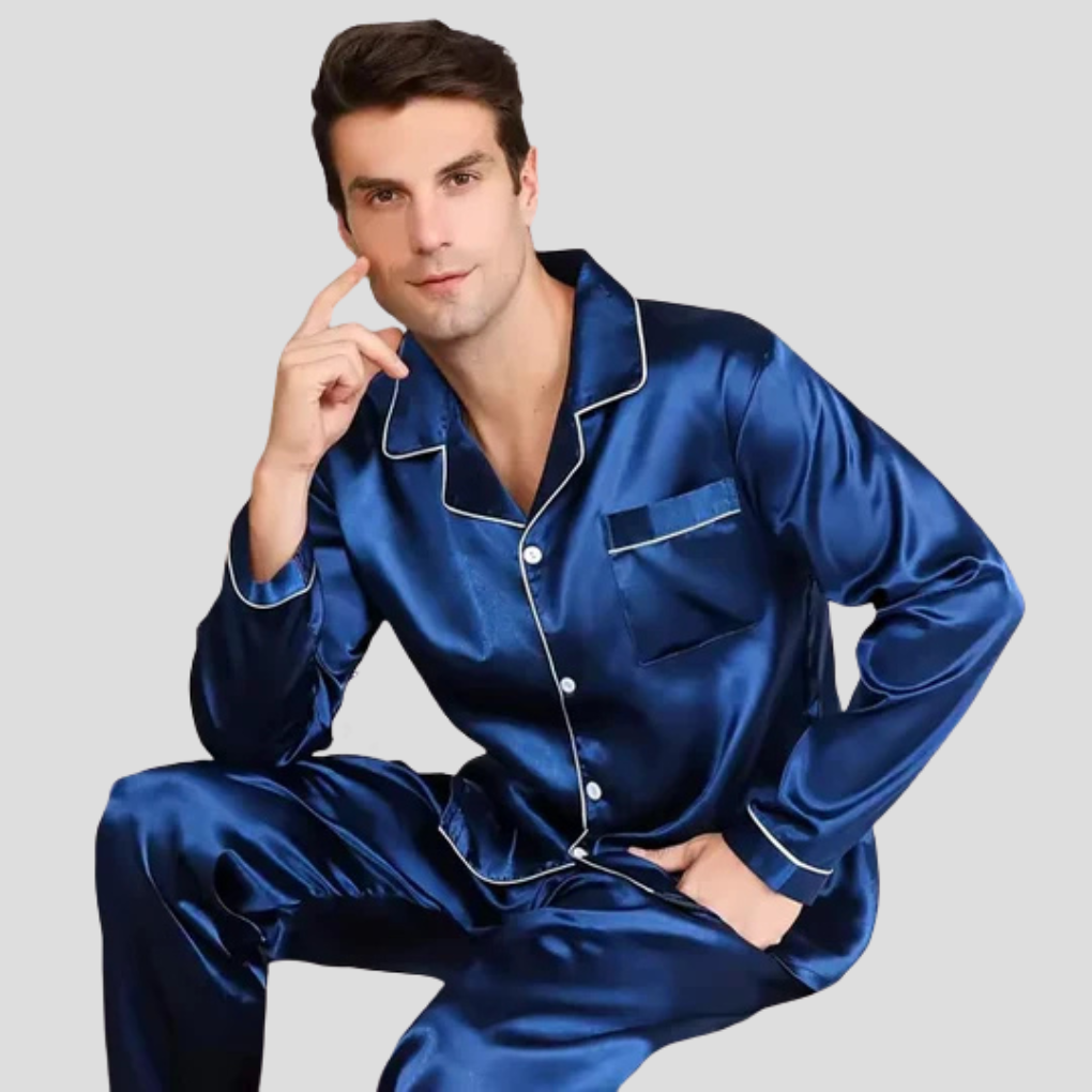 Men's Pajama Set with Notch Collar, Chest Pocket and Contrast Piping