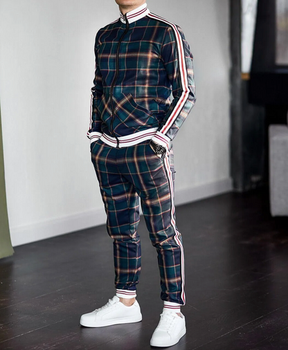 Men's Plaid Zip-Up Tracksuit Set with Stand Collar and Side Stripes