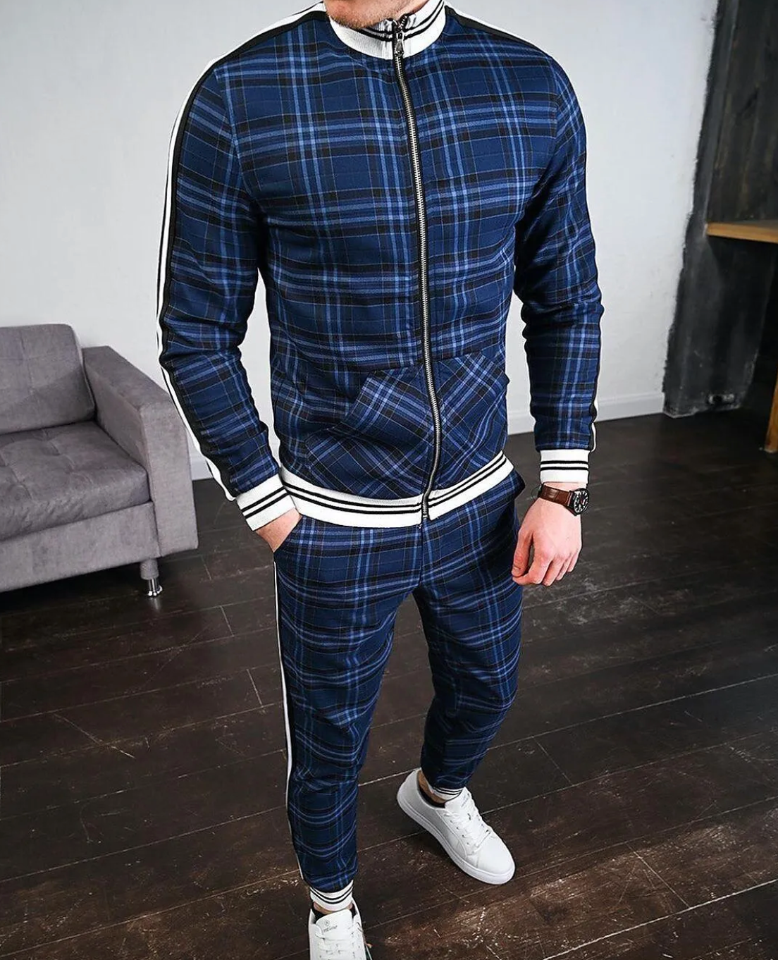 Men's Plaid Zip-Up Tracksuit Set with Stand Collar and Side Stripes