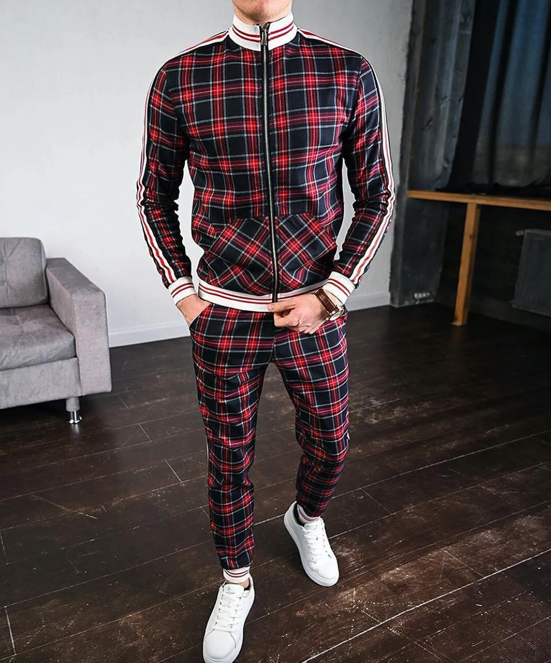 Men's Plaid Zip-Up Tracksuit Set with Stand Collar and Side Stripes