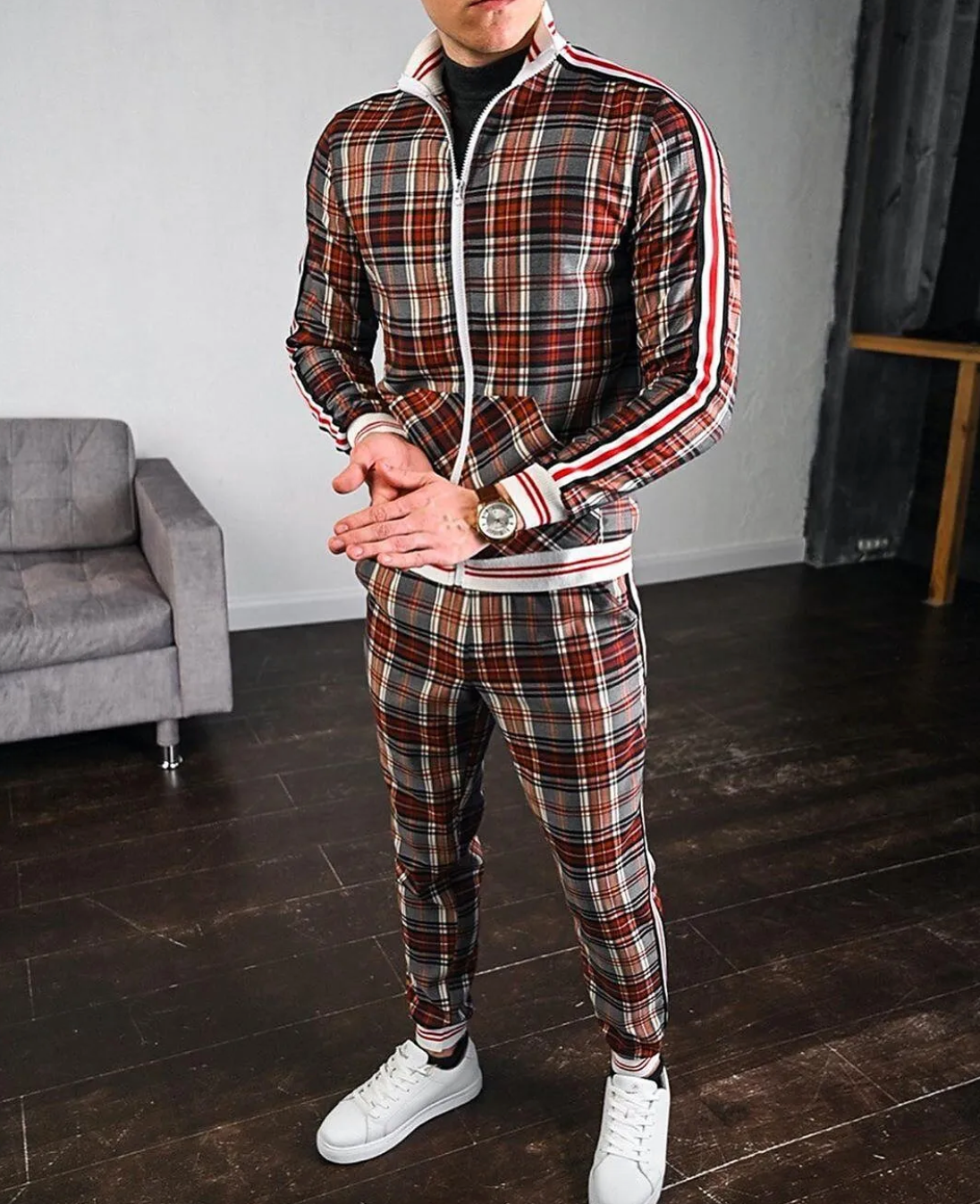 Men's Plaid Zip-Up Tracksuit Set with Stand Collar and Side Stripes