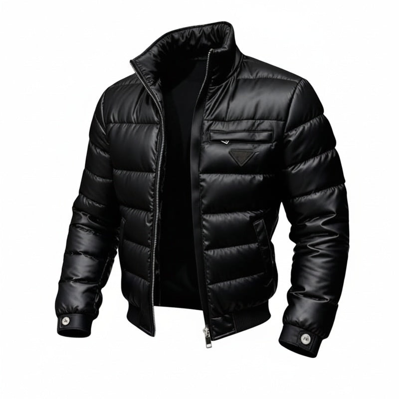 Men's Puffer Jacket with Stand Collar and Zip Closure