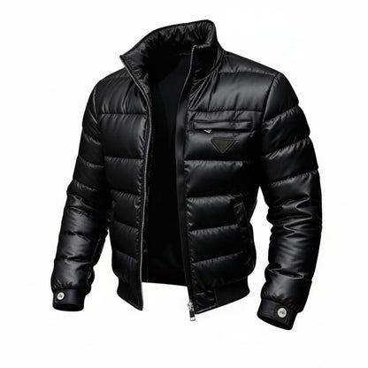 Men's Puffer Jacket with Stand Collar and Zip Closure