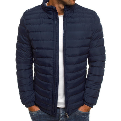 Men's Puffer Jacket with Stand Collar and Zip Closure