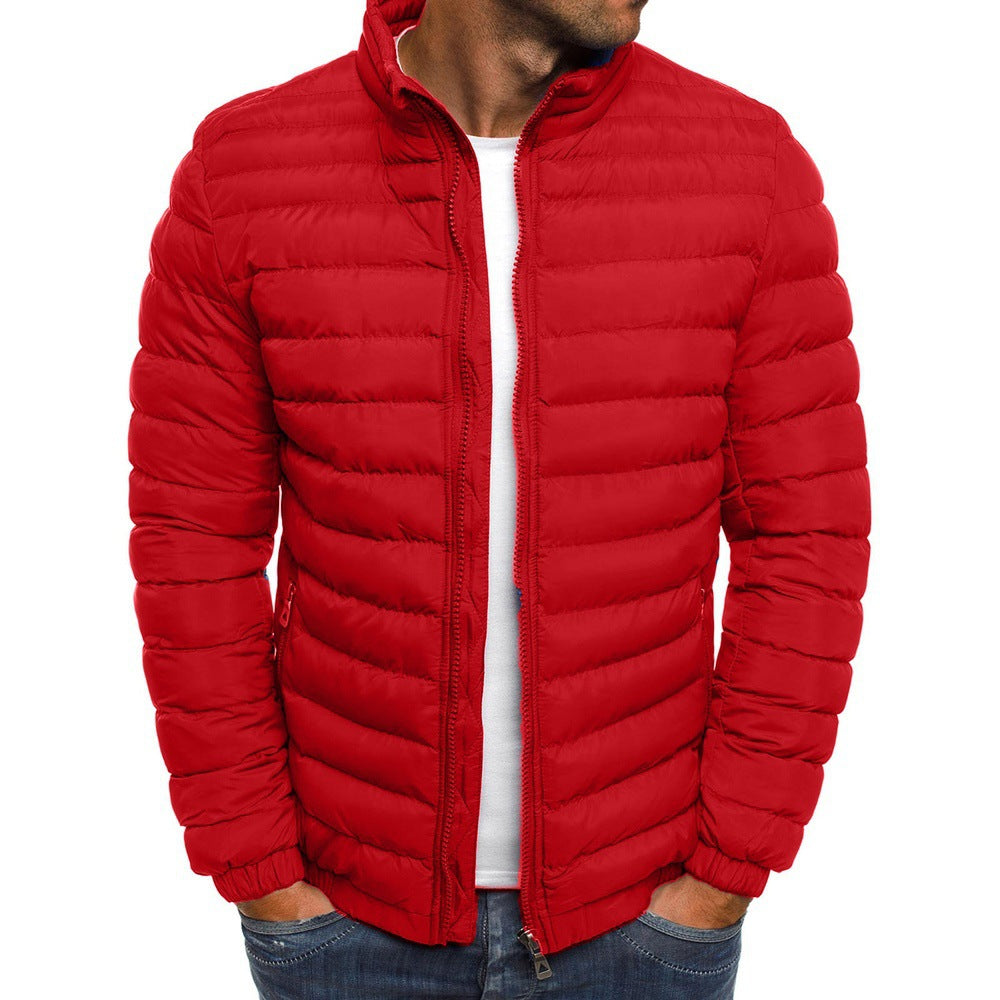 Men's Puffer Jacket with Stand Collar and Zip Closure