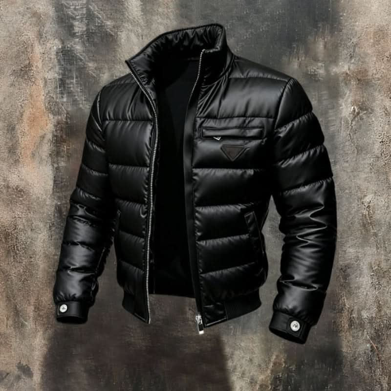 Men's Puffer Jacket with Stand Collar and Zip Closure