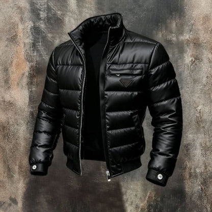 Men's Puffer Jacket with Stand Collar and Zip Closure