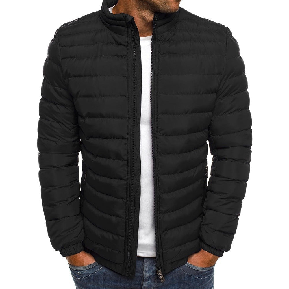 Men's Puffer Jacket with Stand Collar and Zip Closure
