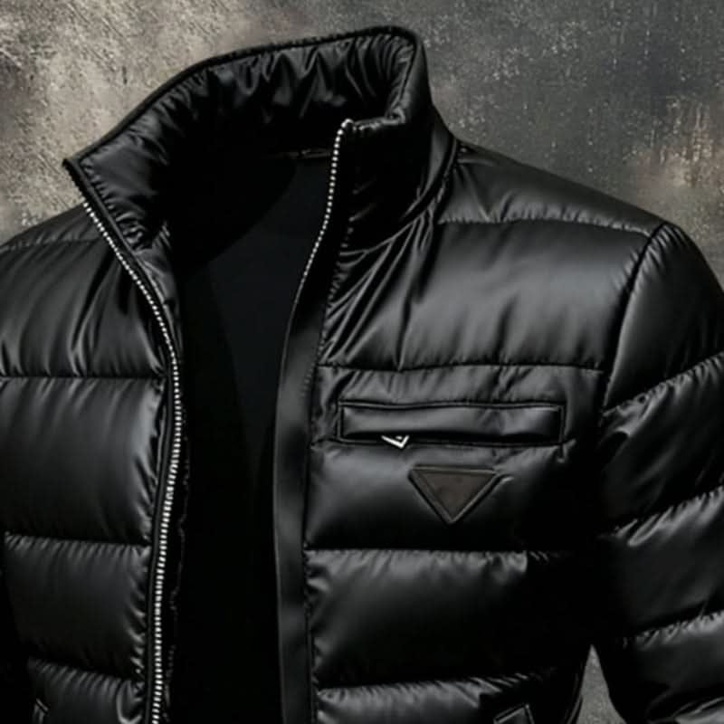 Men's Puffer Jacket with Stand Collar and Zip Closure