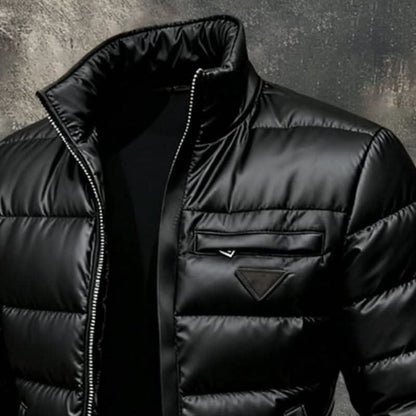 Men's Puffer Jacket with Stand Collar and Zip Closure