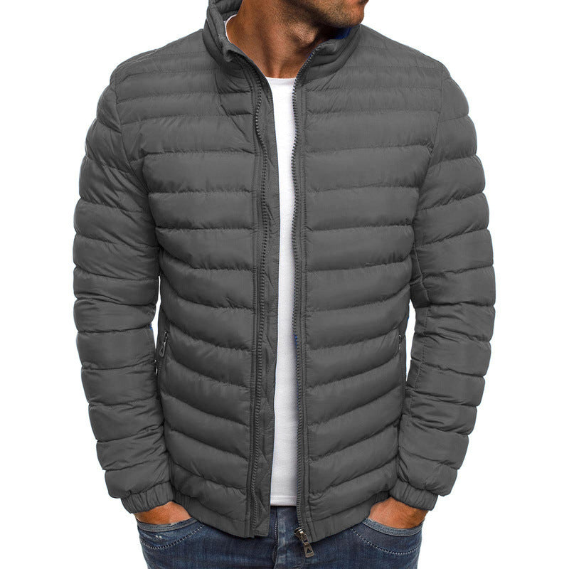 Men's Puffer Jacket with Stand Collar and Zip Closure