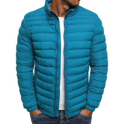 Men's Puffer Jacket with Stand Collar and Zip Closure