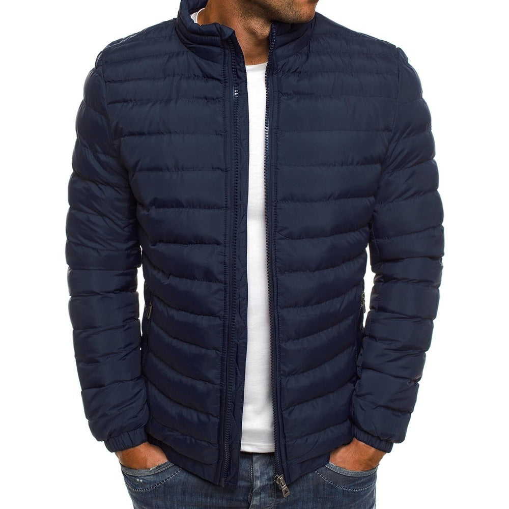 Men's Puffer Jacket with Stand Collar and Zip Closure