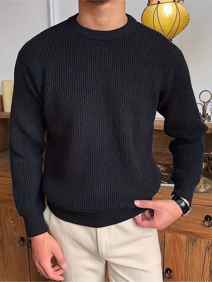 Men's Ribbed Crew Neck Sweater with Ribbed Cuffs