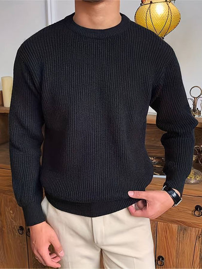 Men's Ribbed Crew Neck Sweater with Ribbed Cuffs