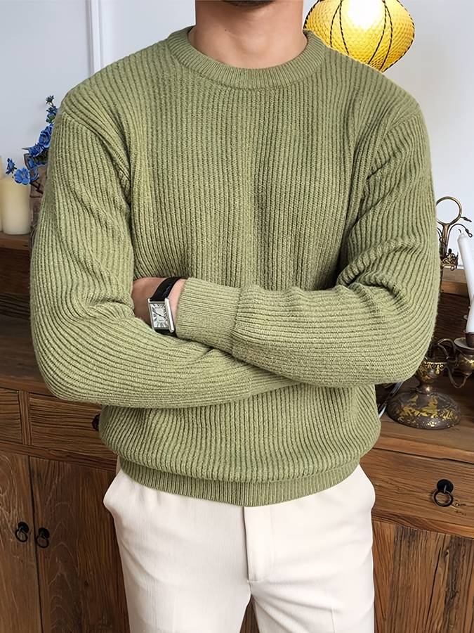 Men's Ribbed Crew Neck Sweater with Ribbed Cuffs
