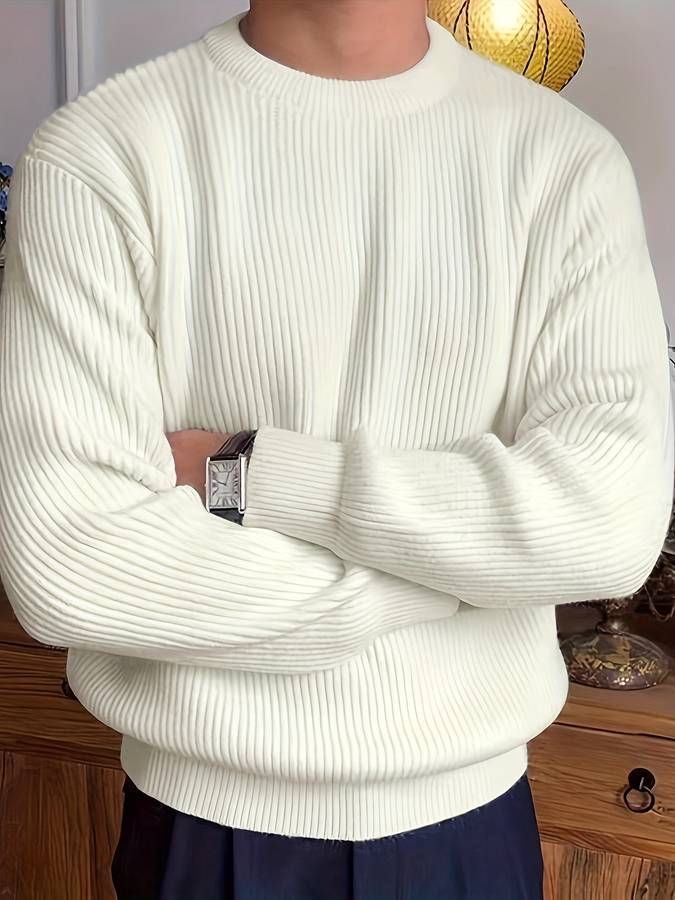 Men's Ribbed Crew Neck Sweater with Ribbed Cuffs