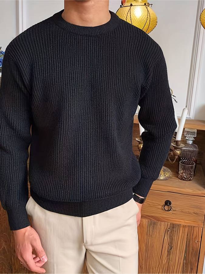 Men's Ribbed Crew Neck Sweater with Ribbed Cuffs