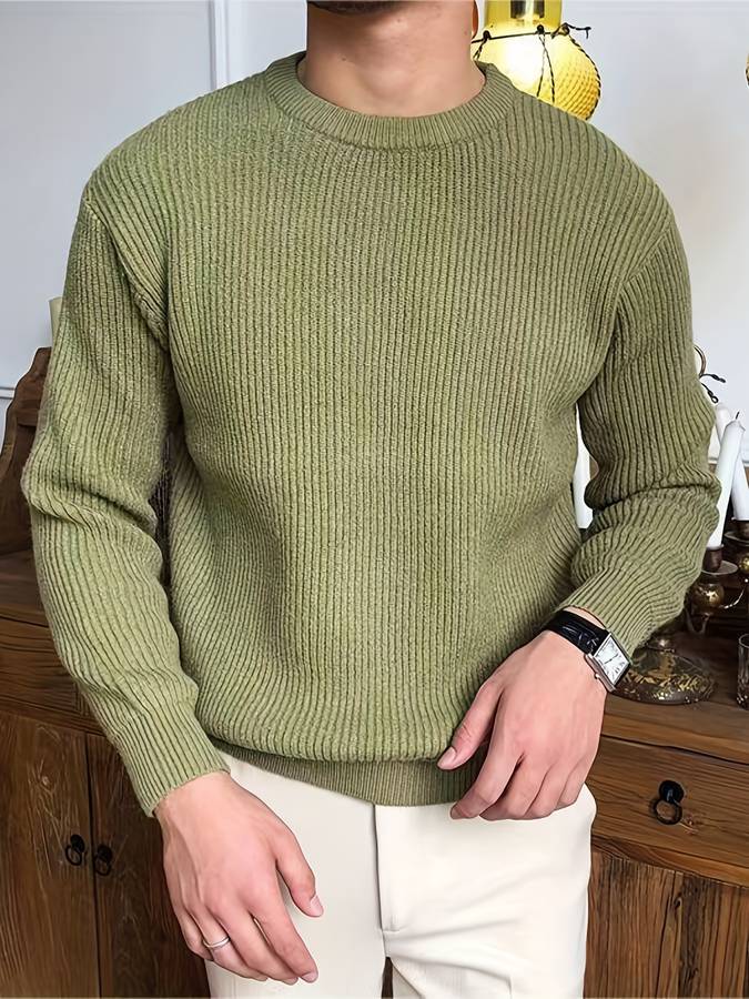 Men's Ribbed Crew Neck Sweater with Ribbed Cuffs