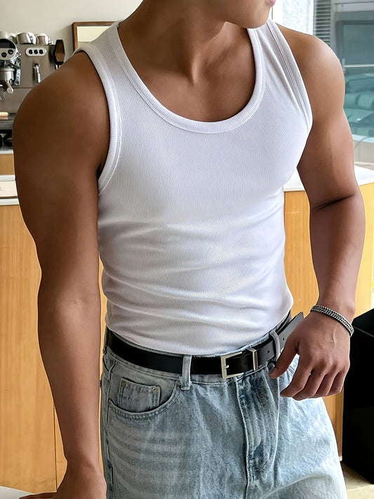 Men's Ribbed Slim Fit Sleeveless Round Neck Tank Top - 1