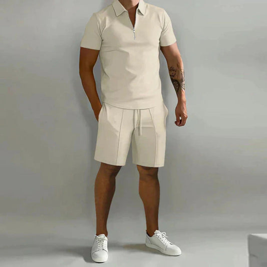 Men's Set Short Sleeve Polo and Shorts with Zip Collar - 1