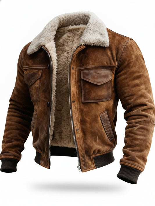 Men's Sherpa Lined Bomber Jacket with Zip Front and Collar