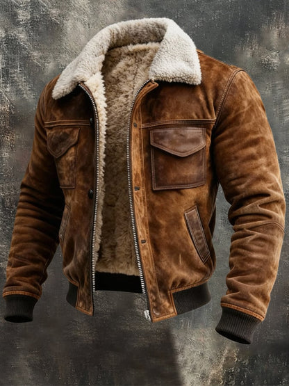 Men's Sherpa Lined Bomber Jacket with Zip Front and Collar