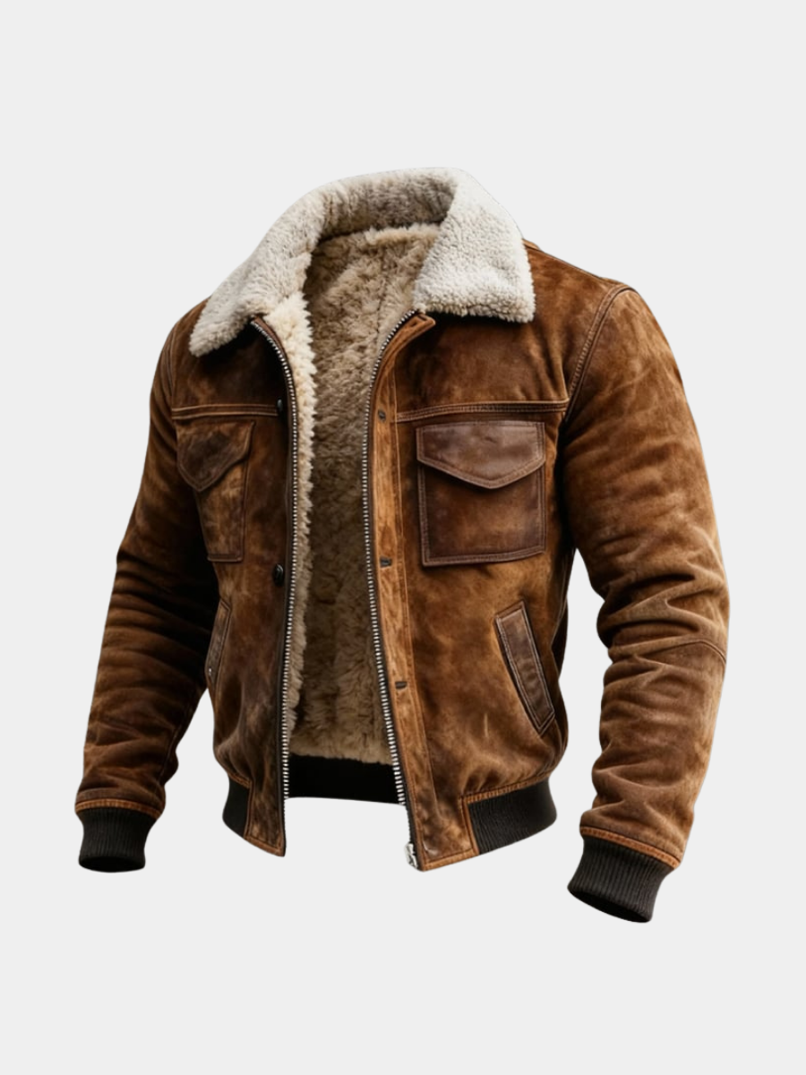 Men's Sherpa Lined Bomber Jacket with Zip Front and Collar
