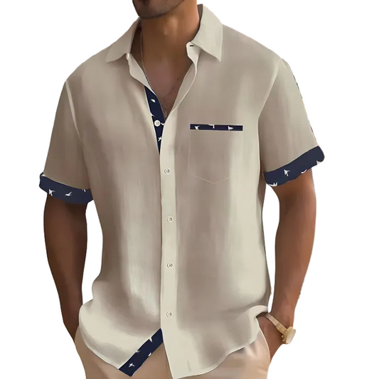Men's Short Sleeve Loose Fit Shirt with Chest Pocket and Contrasting Finishes - 1