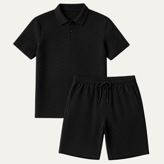 Men's Short Sleeve Polo and Shorts Set with Textured Pattern - 1