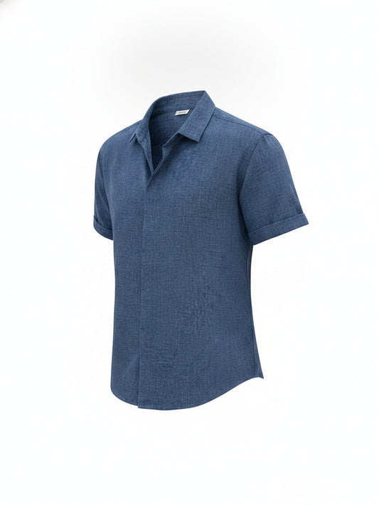 Men's Short Sleeve Polo Collar Shirt with Hidden Button Placket - 1