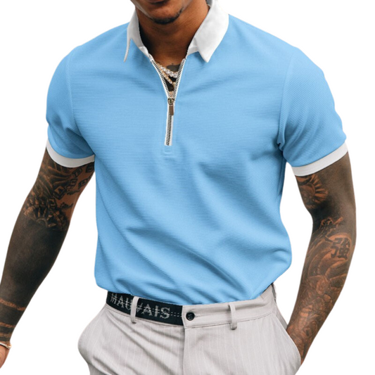 Men's Short Sleeve Polo with Half-Zip and Contrast Collar - 1
