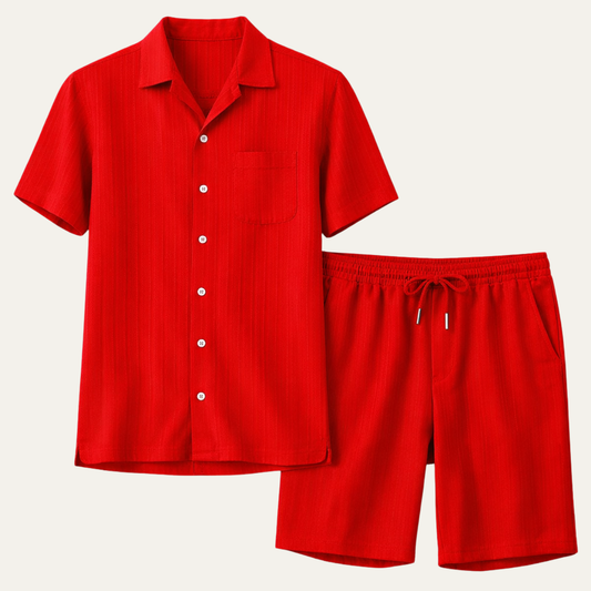 Men's Short Sleeve Shirt and Shorts Set with Cuban Collar - 1