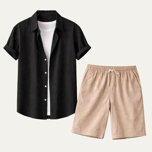 Men's Short Sleeve Shirt and Shorts Set with Drawstring - 1