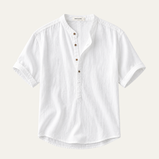 Men's Short Sleeve Shirt with Mao Collar and Partial Buttoning - 1