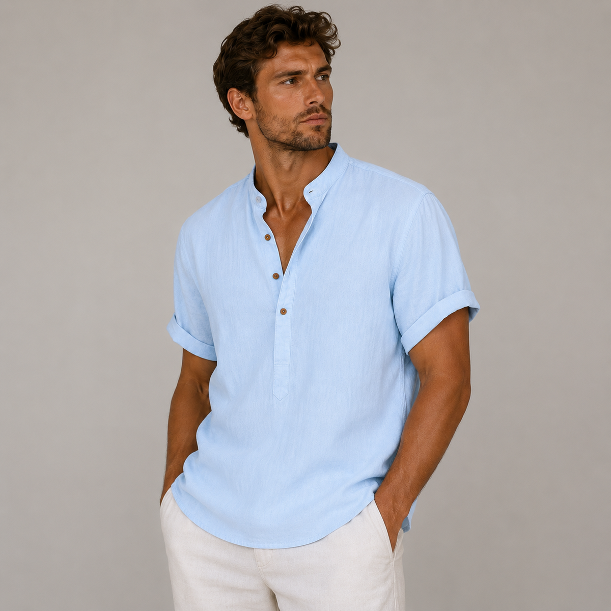 Men's Short Sleeve Shirt with Mao Collar and Partial Buttoning - 8